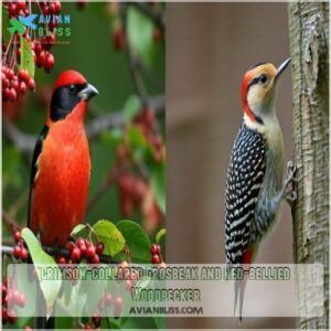 Crimson-collared Grosbeak and Red-bellied Woodpecker