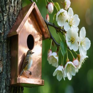 copper bird house for wrens and chickadees