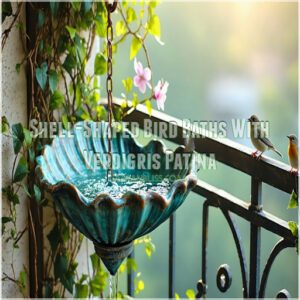 Shell-Shaped Bird Baths With Verdigris Patina