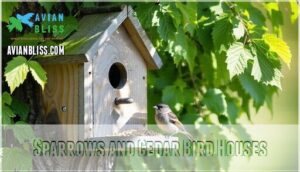 sparrows and cedar bird houses
