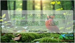 found in woodlands, gardens, shrublands, wetlands