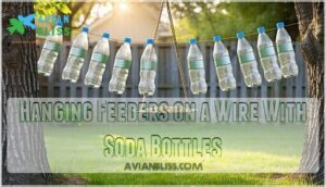 hanging feeders on a wire with soda bottles
