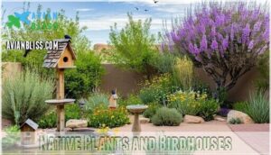 native plants and birdhouses