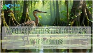 wooded swamps along rivers and springs