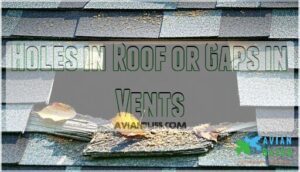 holes in roof or gaps in vents