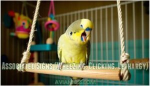 associated signs (wheezing, clicking, lethargy)