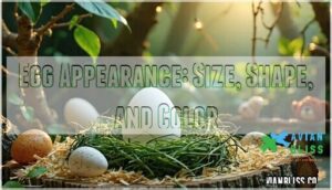 egg appearance: size, shape, and color