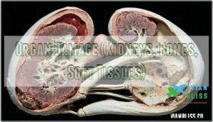 organ damage (kidneys, bones, soft tissues)