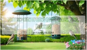 protein-rich options (suet, mealworms, peanuts)