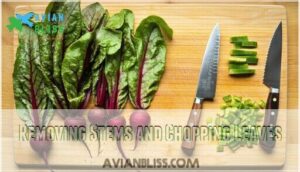 removing stems and chopping leaves