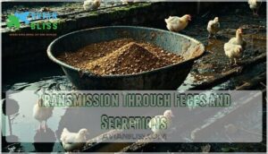 transmission through feces and secretions