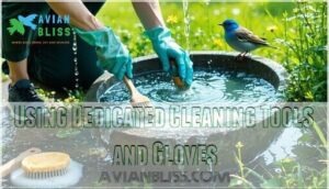 using dedicated cleaning tools and gloves