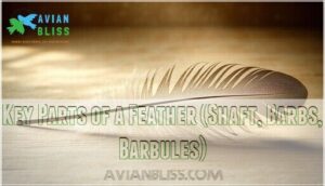 key parts of a feather (shaft, barbs, barbules)