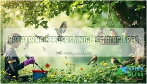 preparing feeders and cleaning area