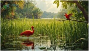 red birds of central and south america (vermilion flycatcher, scarlet ibis, etc.)