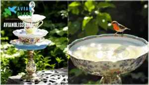 whimsical upcycled bird baths (teacups, lamps)