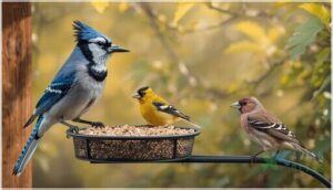 blue jay, american goldfinch, and house finch