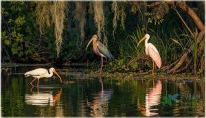 ibises and spoonbills (white ibis, glossy ibis, roseate spoonbill)
