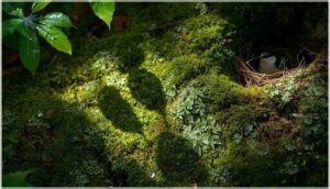 moss and lichen in shady, damp areas