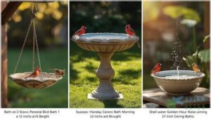 pedestal, hanging, and bowl bird baths