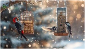 suet and peanut feeders – high-energy foods