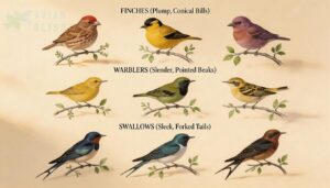 bill shape, tail length, and body silhouette bill shape, tail length, and body silhouette