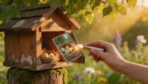 using a mirror and light to view eggs or nestlings using a mirror and light to view eggs or nestlings